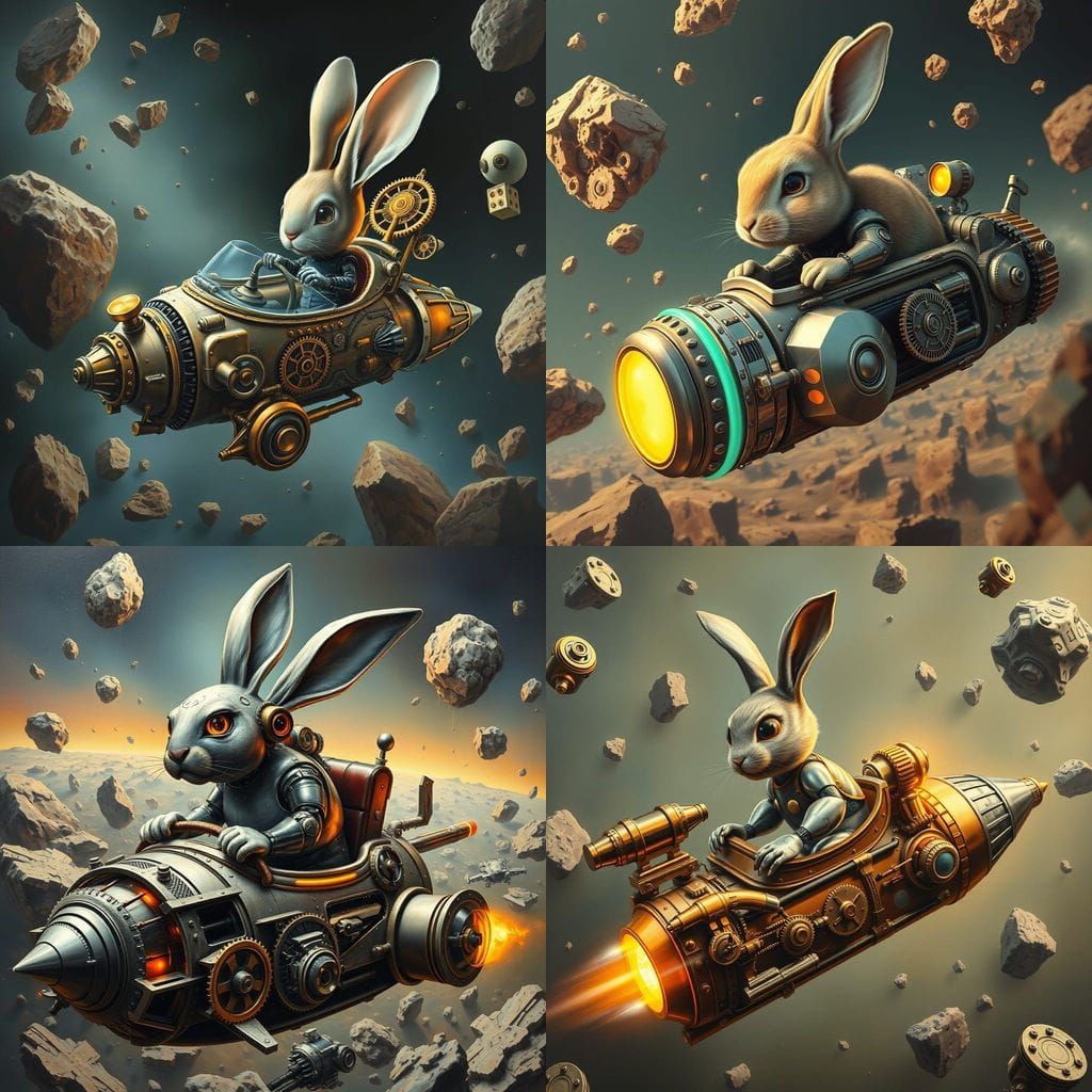 Robotic Bunny Pilots Steampunk Spaceship through Asteroid Fi...