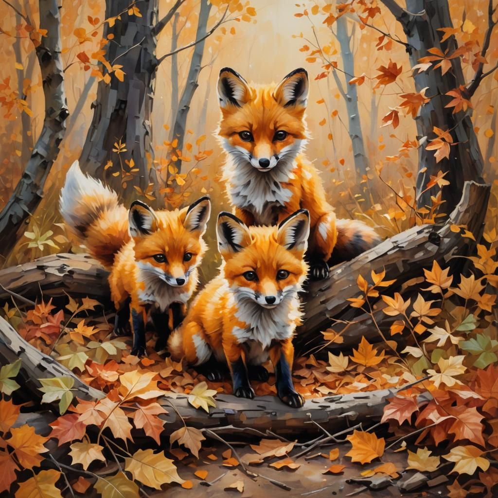 Cute Foxes Play in Autumn: Impressionist Oil Painting