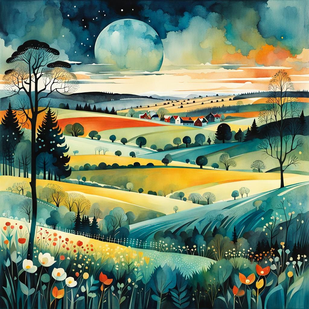 Scandinavian Spring Countryside in Watercolor Style