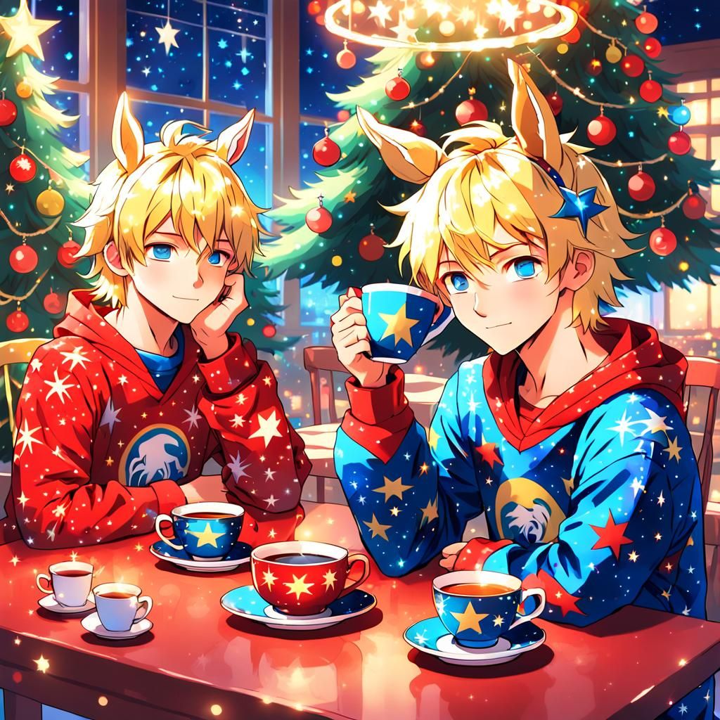 Adorable Anime Boys Enjoy a Cozy Christmas Scene