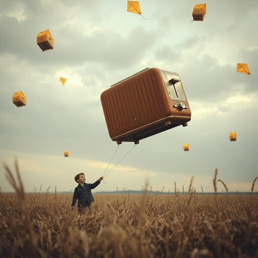 Boy Flies Toaster Kite in Post-Apocalyptic Field