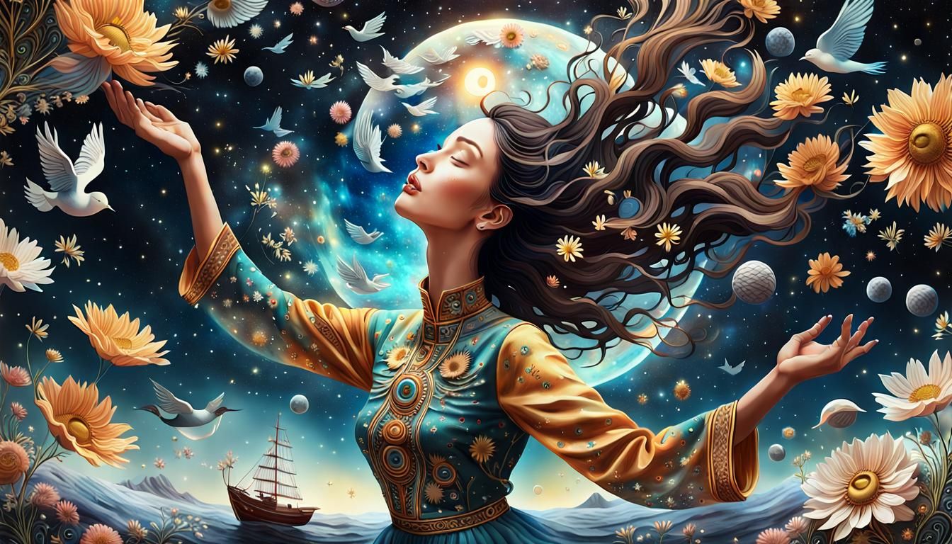 Woman Holding Cosmos in Surrealist Universe