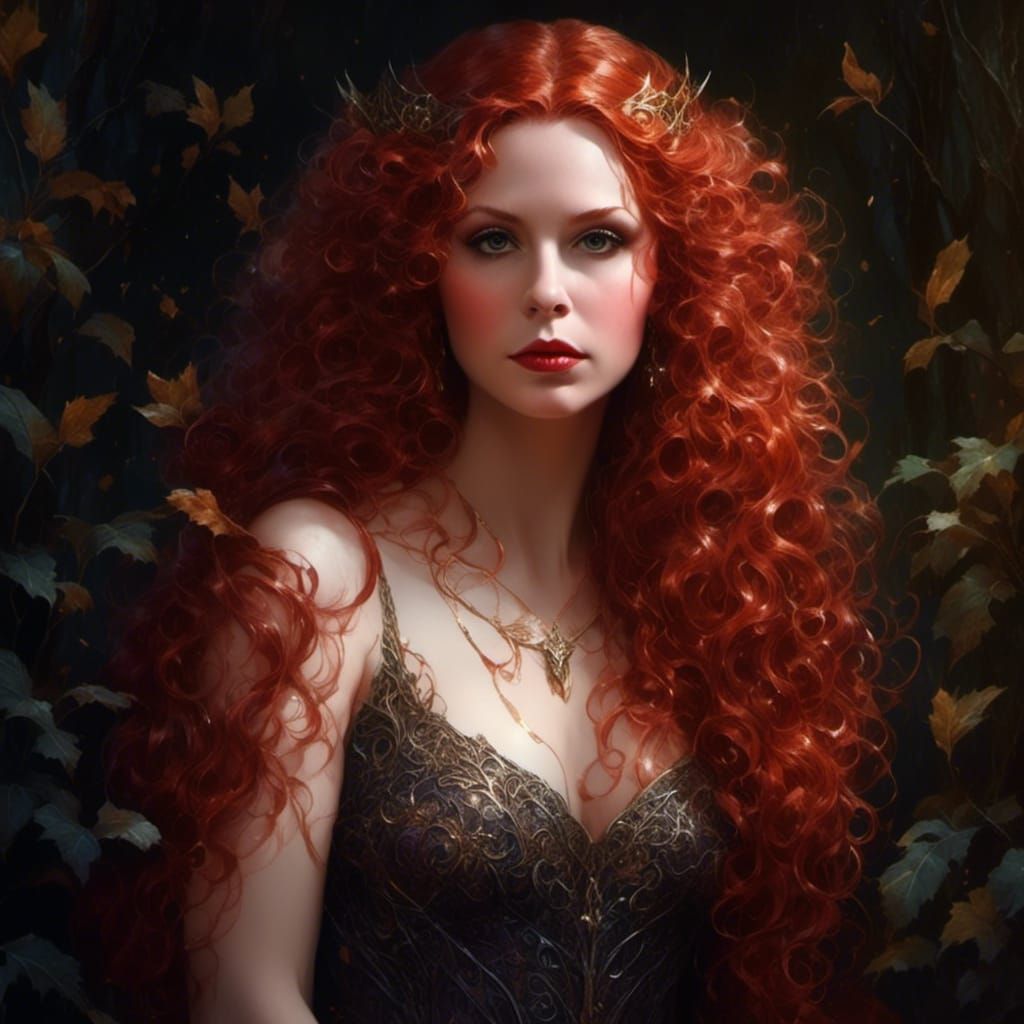 Red-Headed Hedge Witch Portrait with Dramatic Lighting