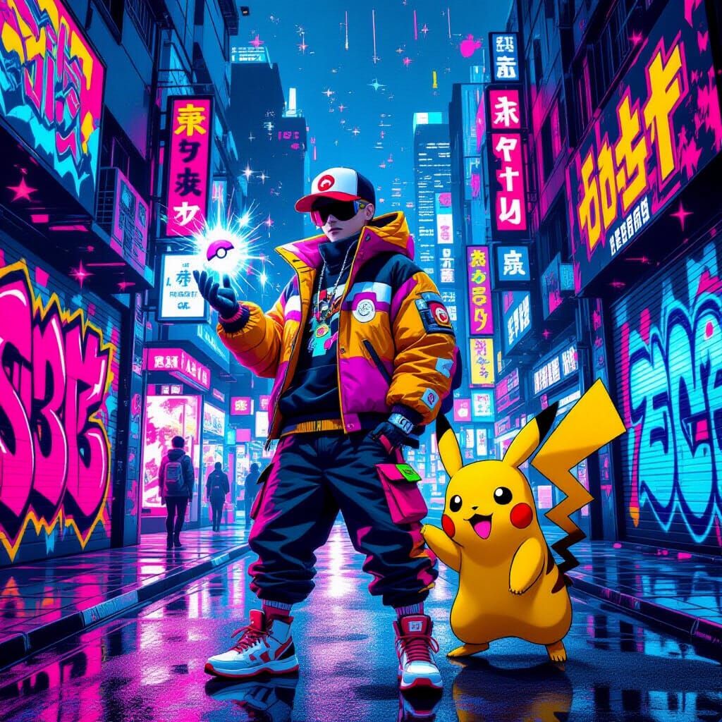Pokemon Go Streamer in Neon Cityscape