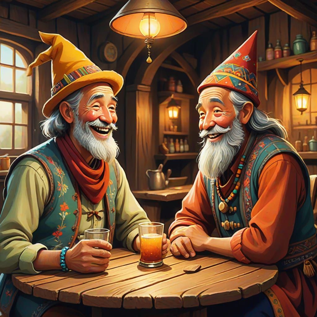 A Warm Tavern Moment: A Fool and a Wise Man Share a Laughter...