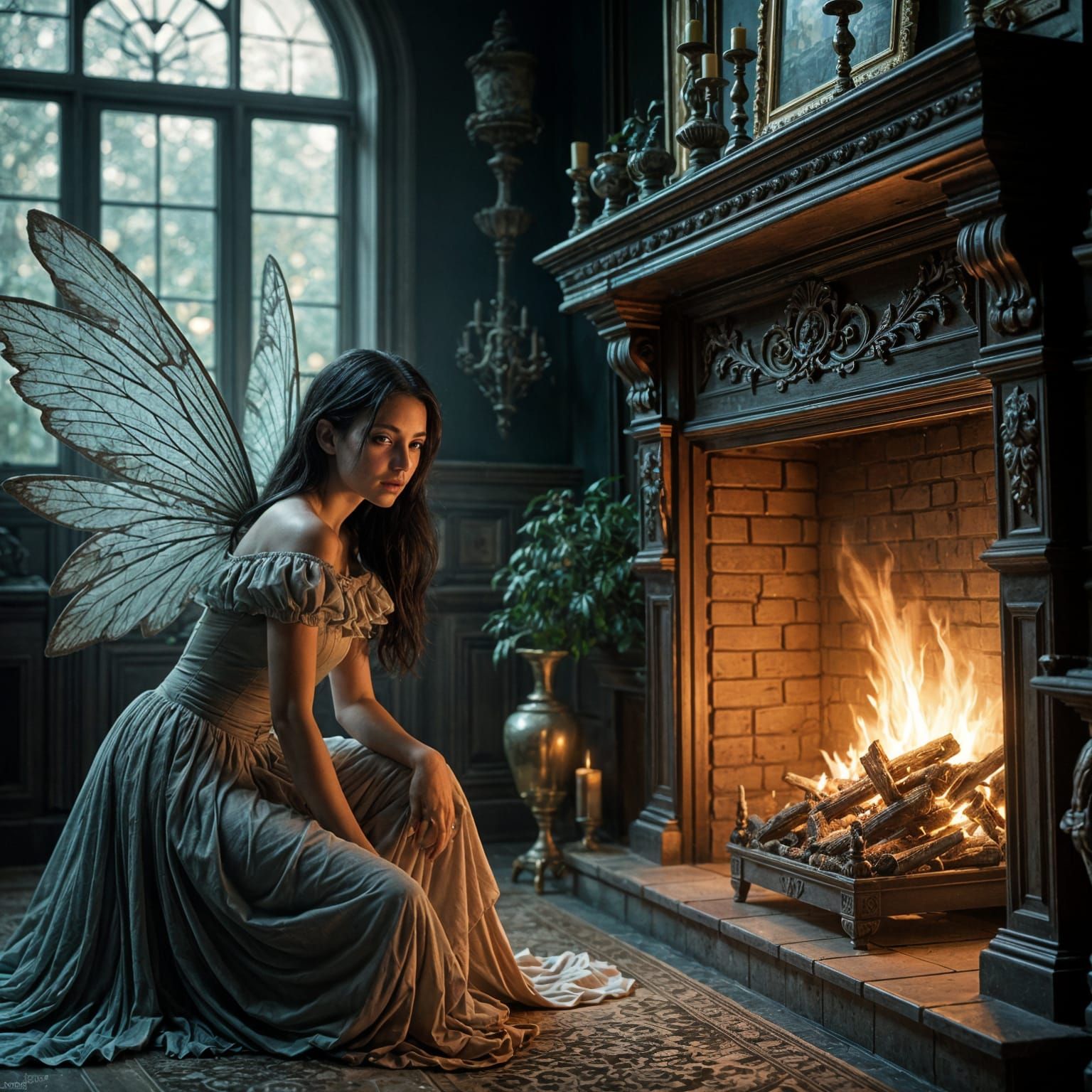 Melancholic Fairy in 18th Century Fashion by Fireplace