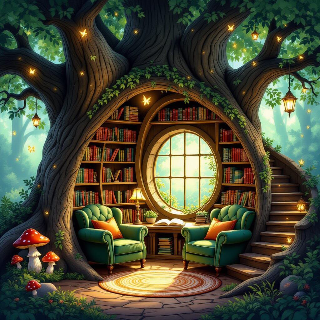 Enchanted Reading Nook Inside Ancient Oak Tree