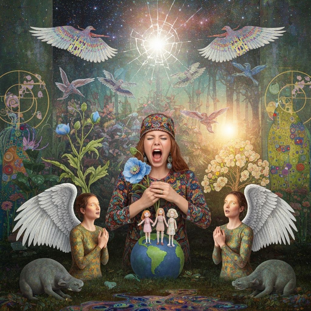 Hippie Figure with Blue Poppy in Fantasy Plant Kingdom