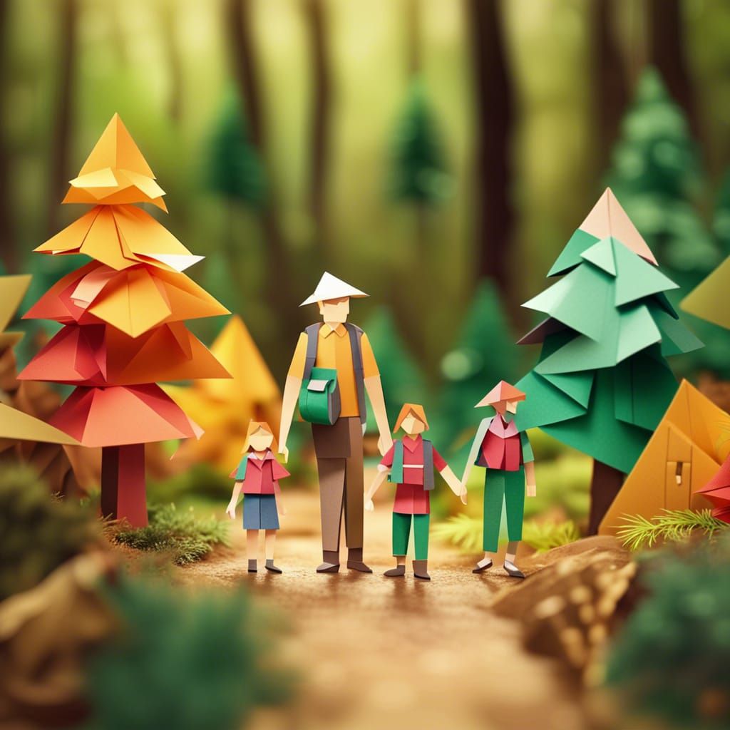 Family Hiking in Woods: Origami Papercraft Style