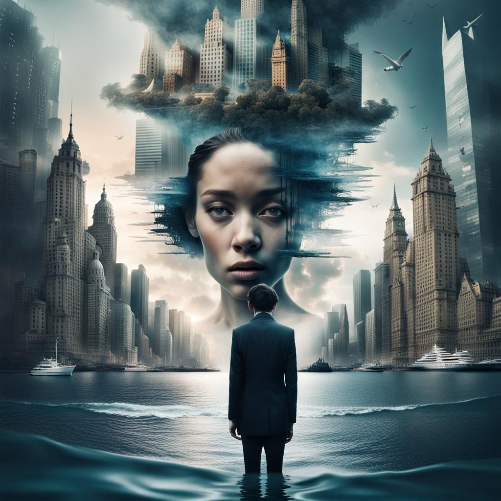 Surreal Double Exposure: Cityscape and Ocean Merge