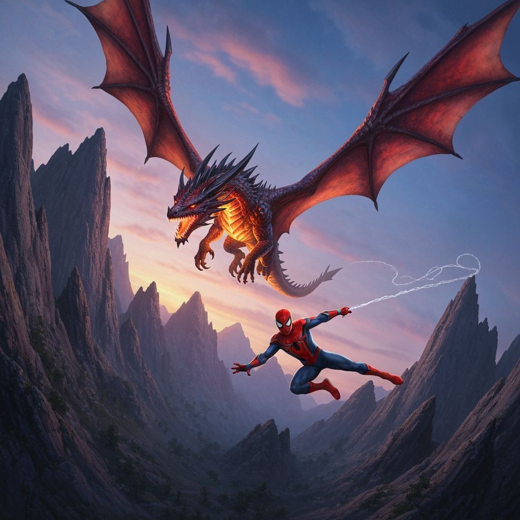 Dragon Chasing Spiderman Over Mountains at Twilight