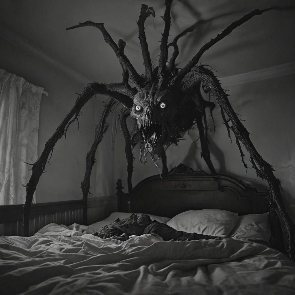 Monstrous Creature Lurking Under Bed in Dark Surrealism