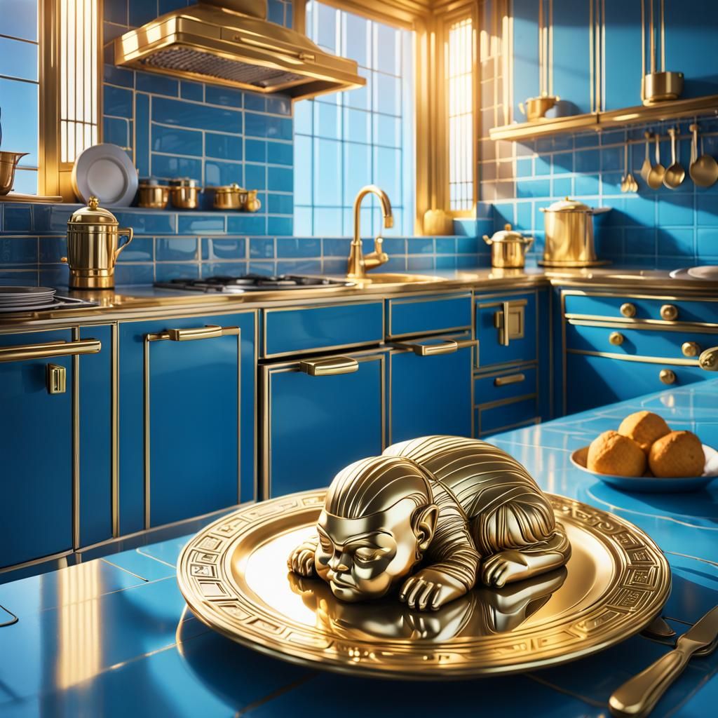 Dwarf Sleeps on Gold Plate in Art Deco Kitchen