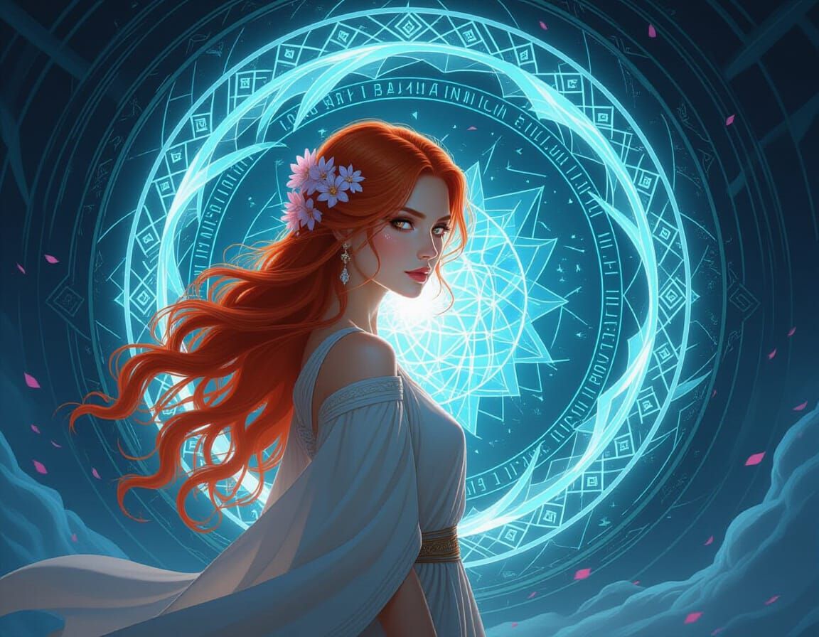 Woman Before Swirling Portal in Oil Painting Style