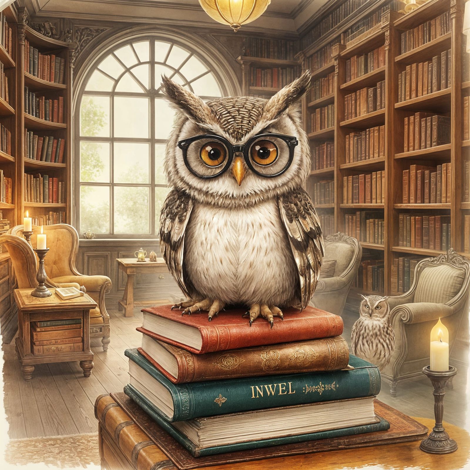 Whimsical Owl in Library, Watercolor Illustration