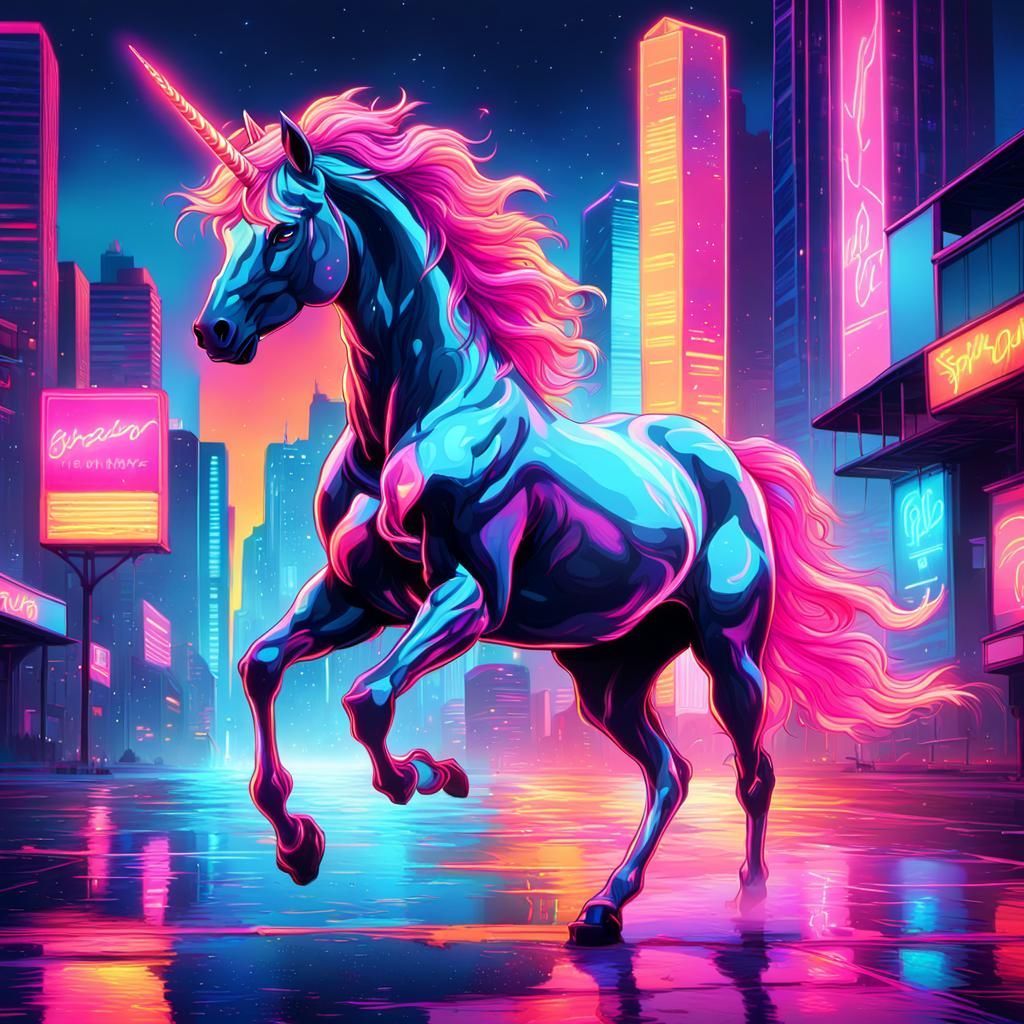 Neon Flame Unicorn in Synthwave Cityscape
