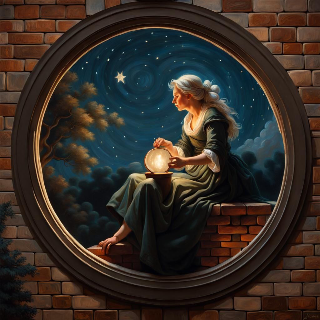 Witch at Window, Oil Painting in Medieval Style