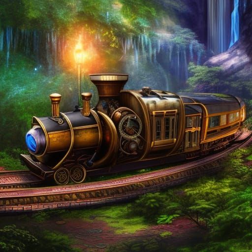 Steampunk Train in Sapphire Jungle: Detailed Matte Painting