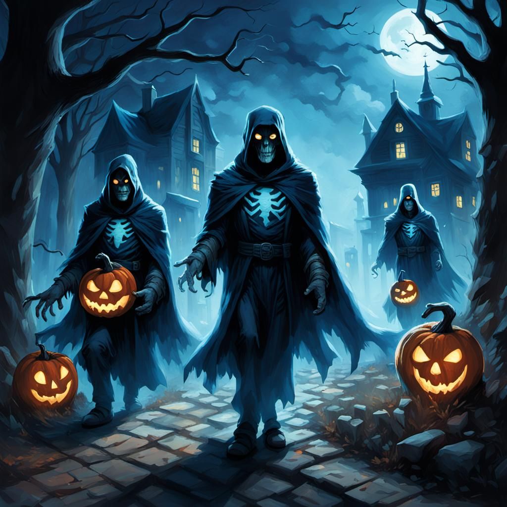 Sinister Village with Glowing Blue Ghosts