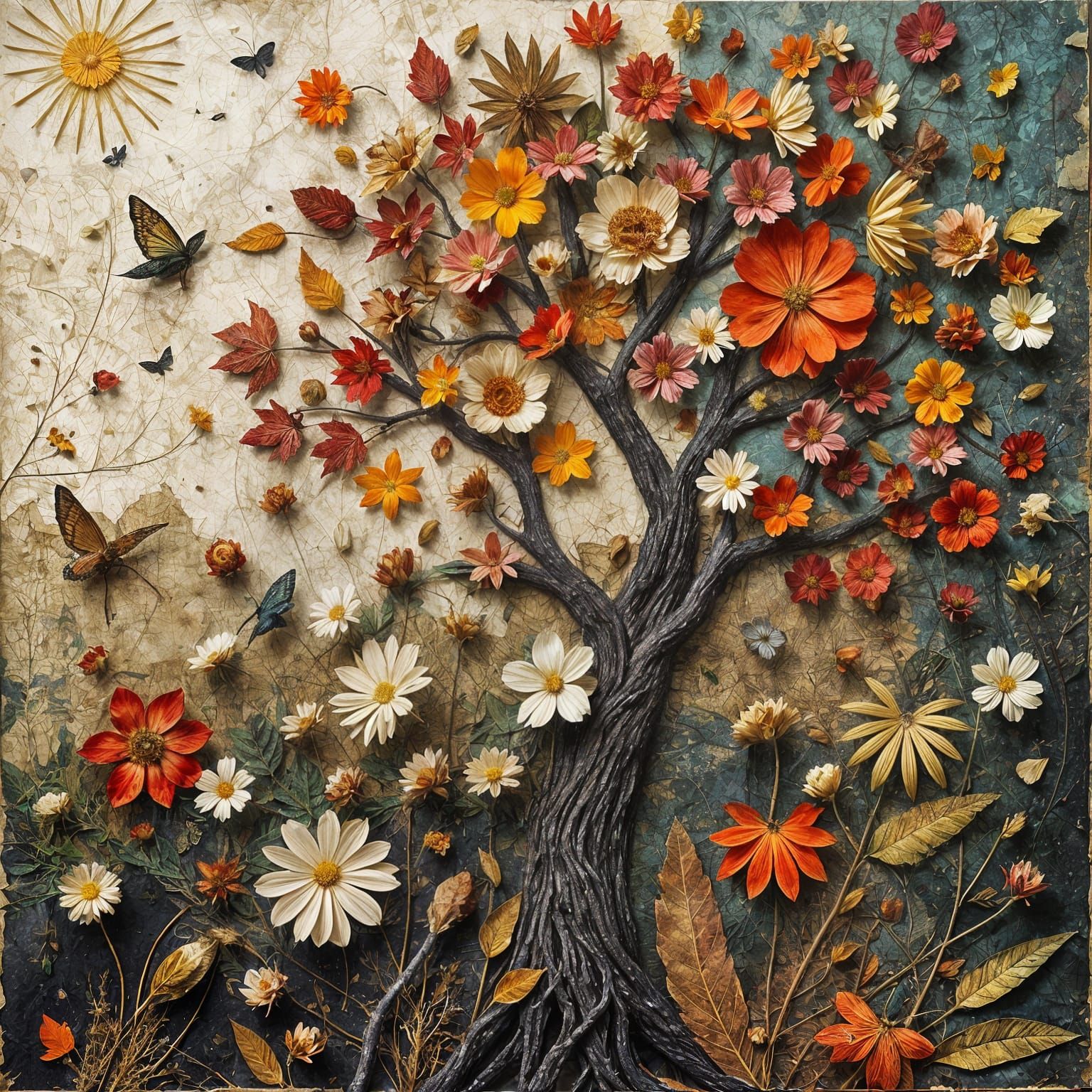 Autumn Paper Collage with Flowers and Tree