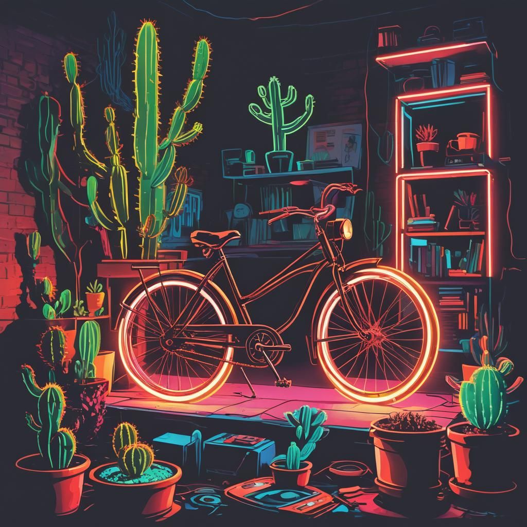 Neon Bicycle, Record, and Cactus in Pop Art Style