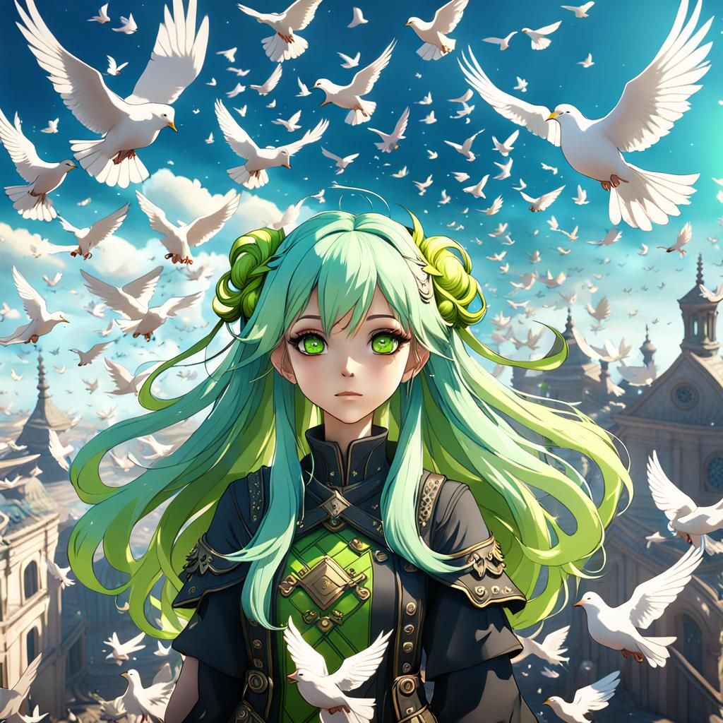 Anime Girl with Doves in a Fantastical Sky
