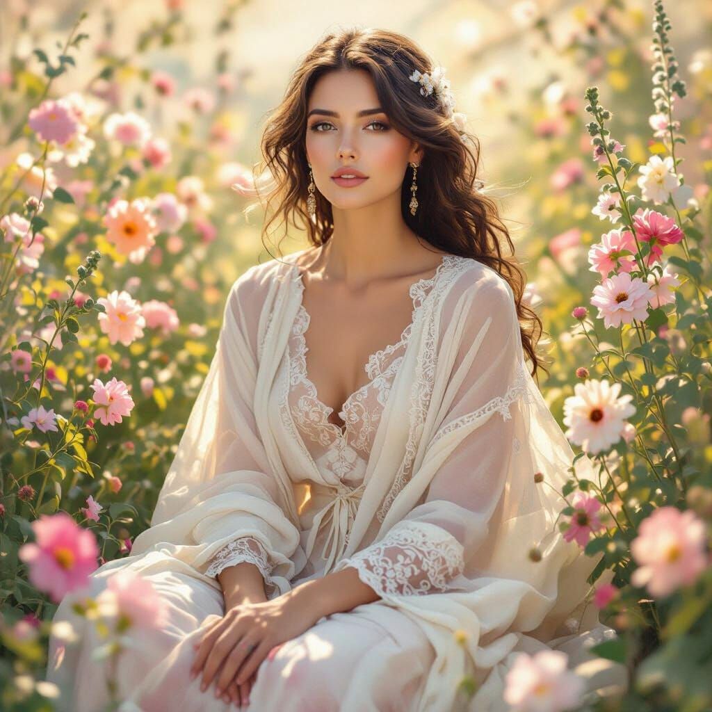 Serene Woman in Flowing Pastel Robes with Flowers