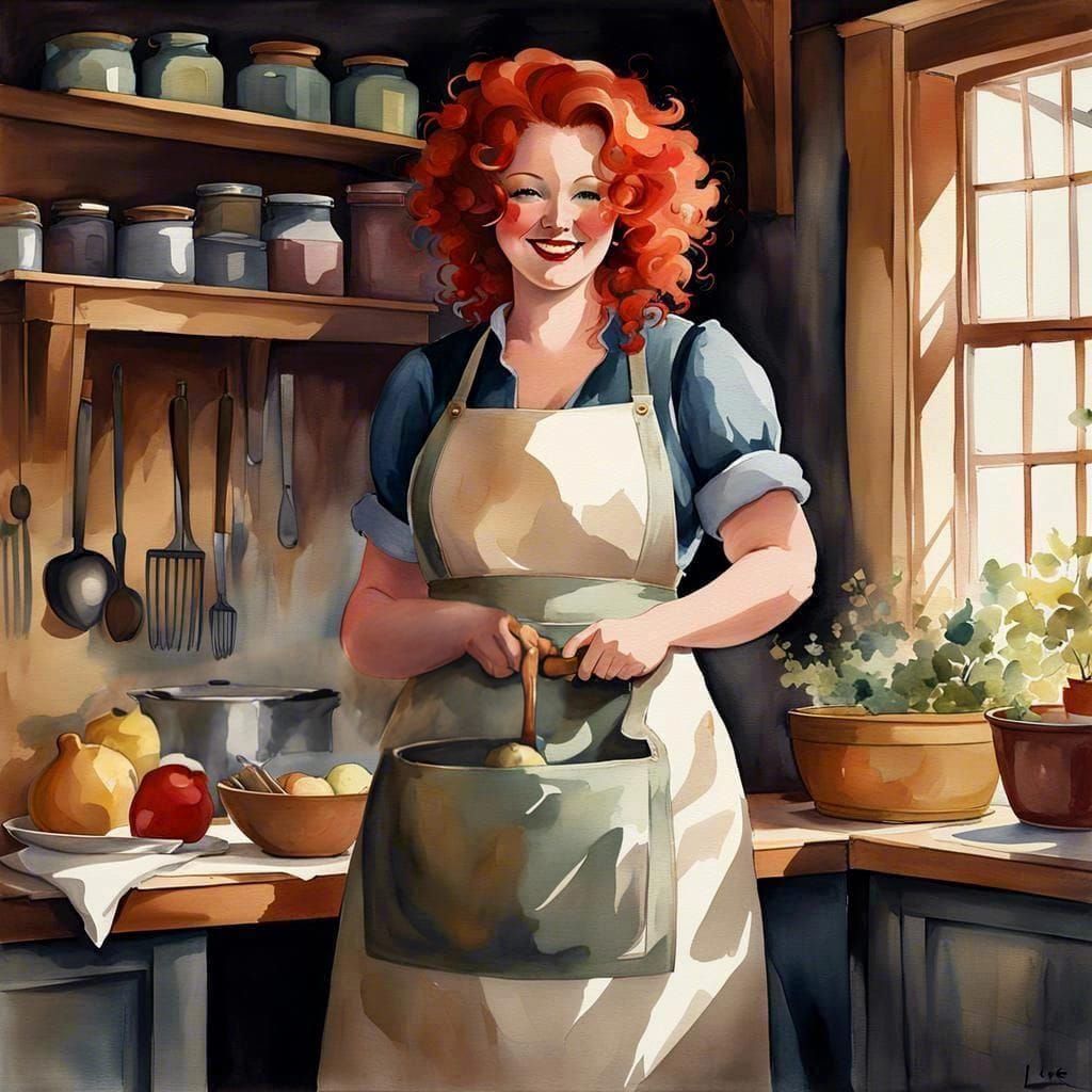 Cheerful French Woman in Farmhouse Kitchen, Watercolor Style