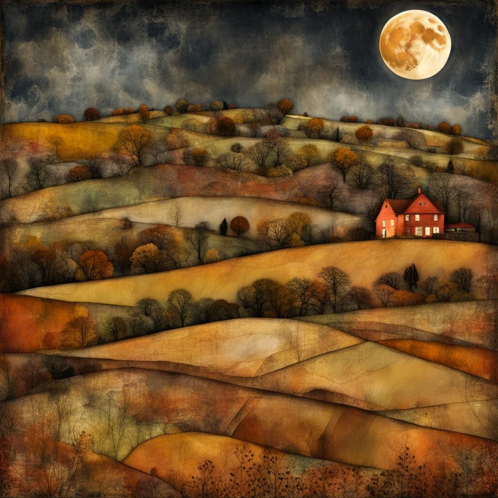 Harvest Moon Illuminates Quaint Countryside Collage