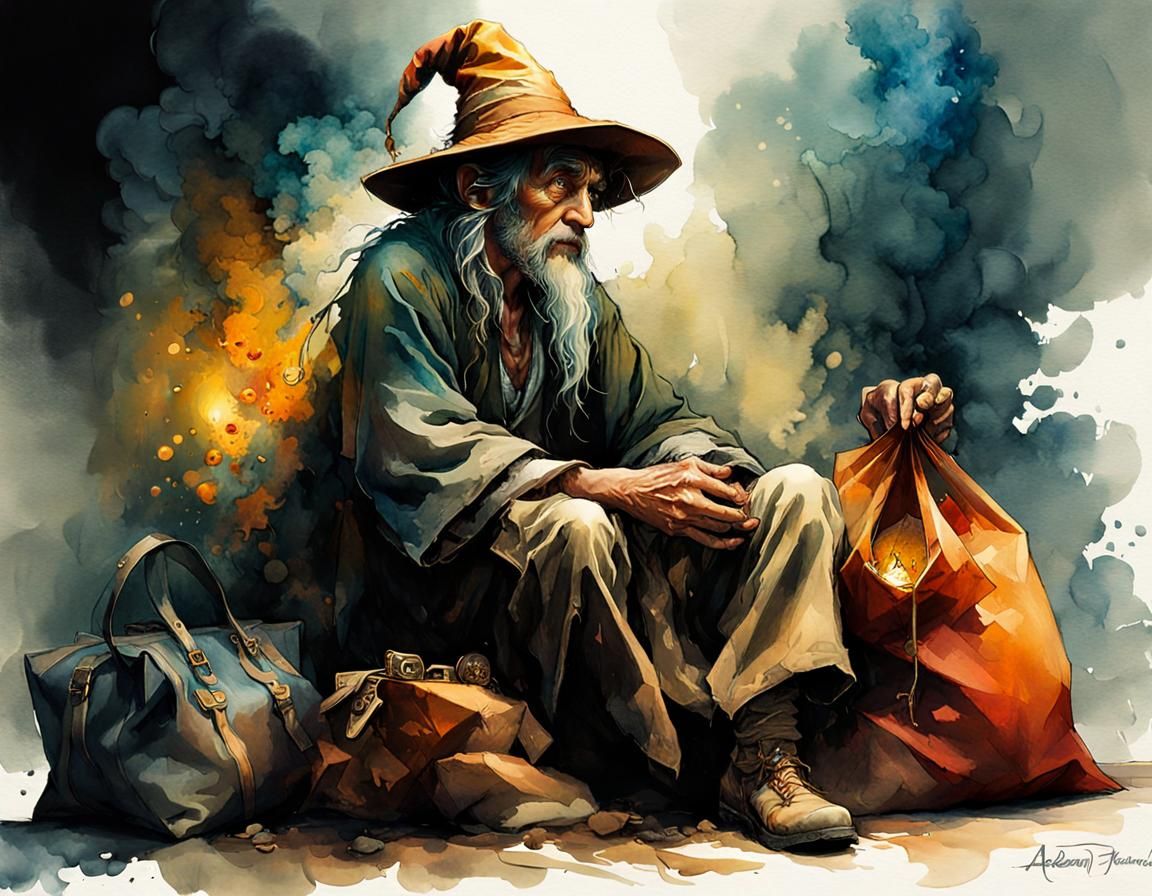 Beggar Wizard Illustration in Watercolor Style