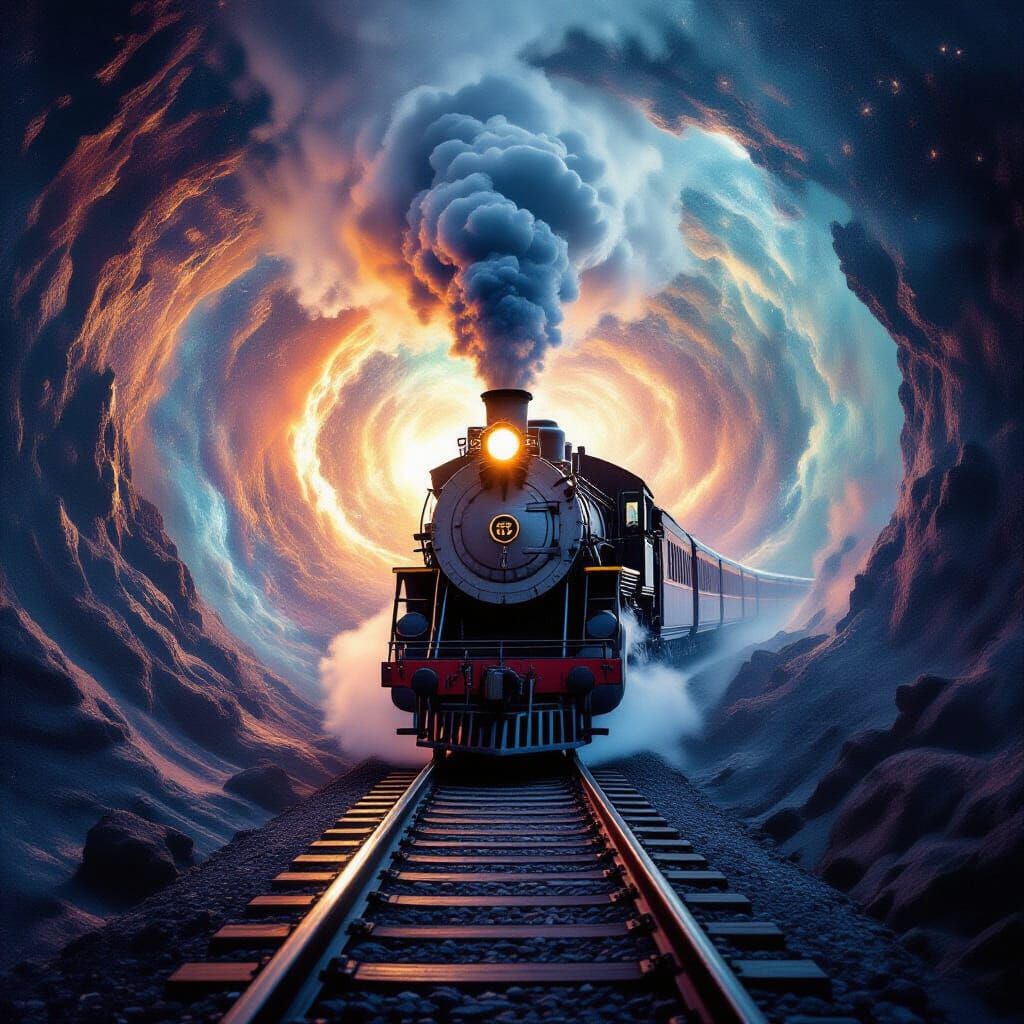 Vintage Steam Train Enters Cosmic Vortex in Avant-Garde Phot...