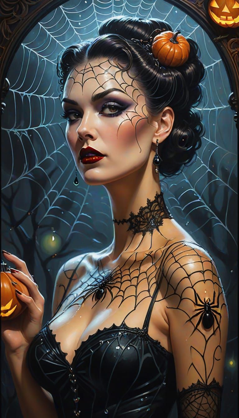 Halloween Pinup Model in Art Nouveau Style