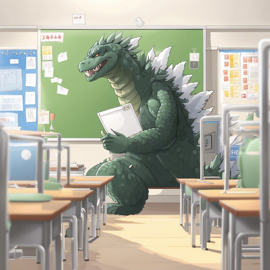 Godzilla Girl in Classroom: Digital Anime Art