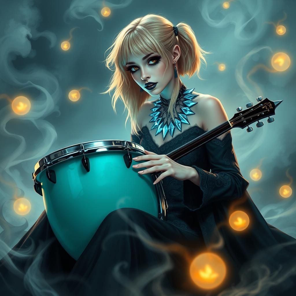 Mystical Hex Girl Drumming in Ethereal Realm