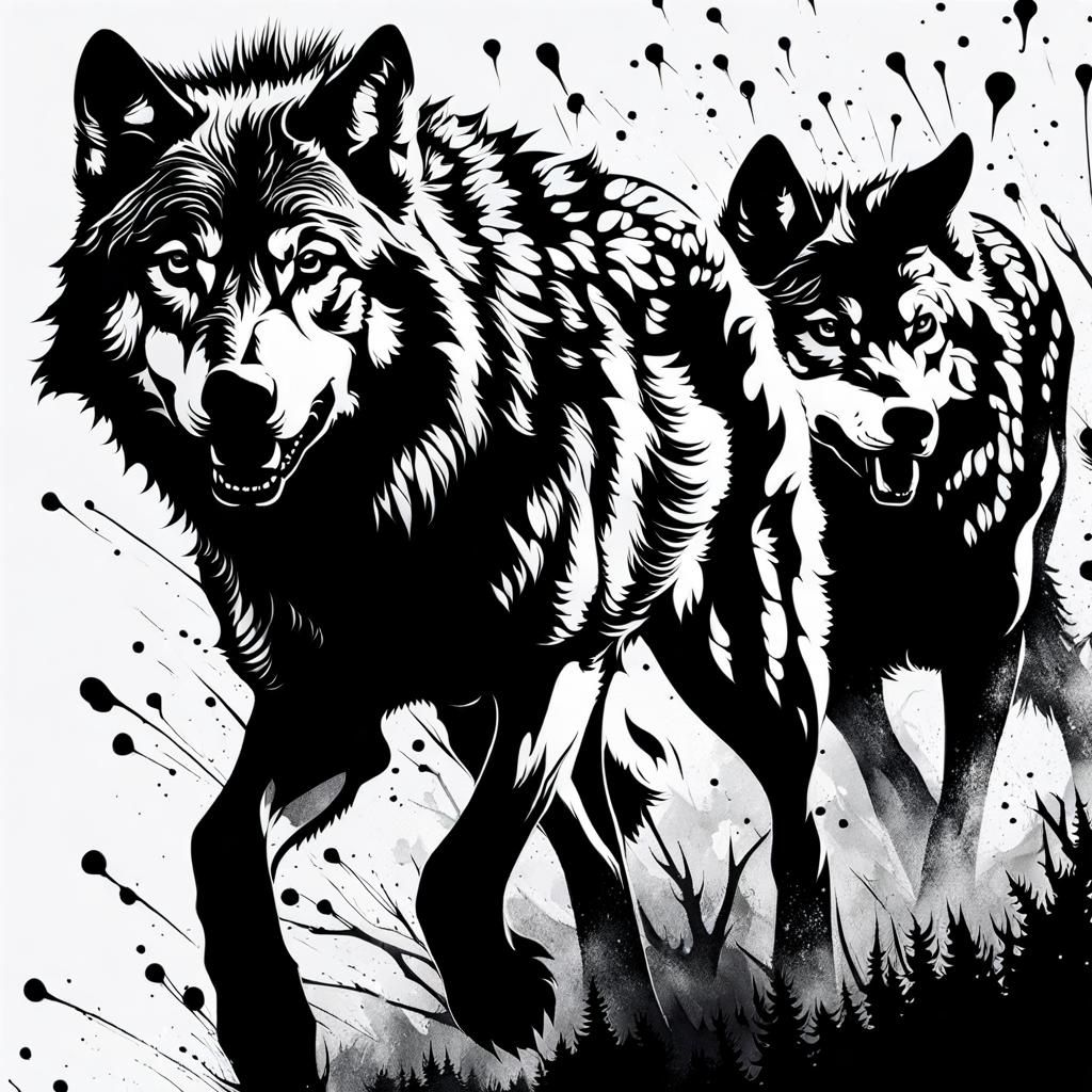 Detailed Ink Splatter Wolf Pack in Black and White