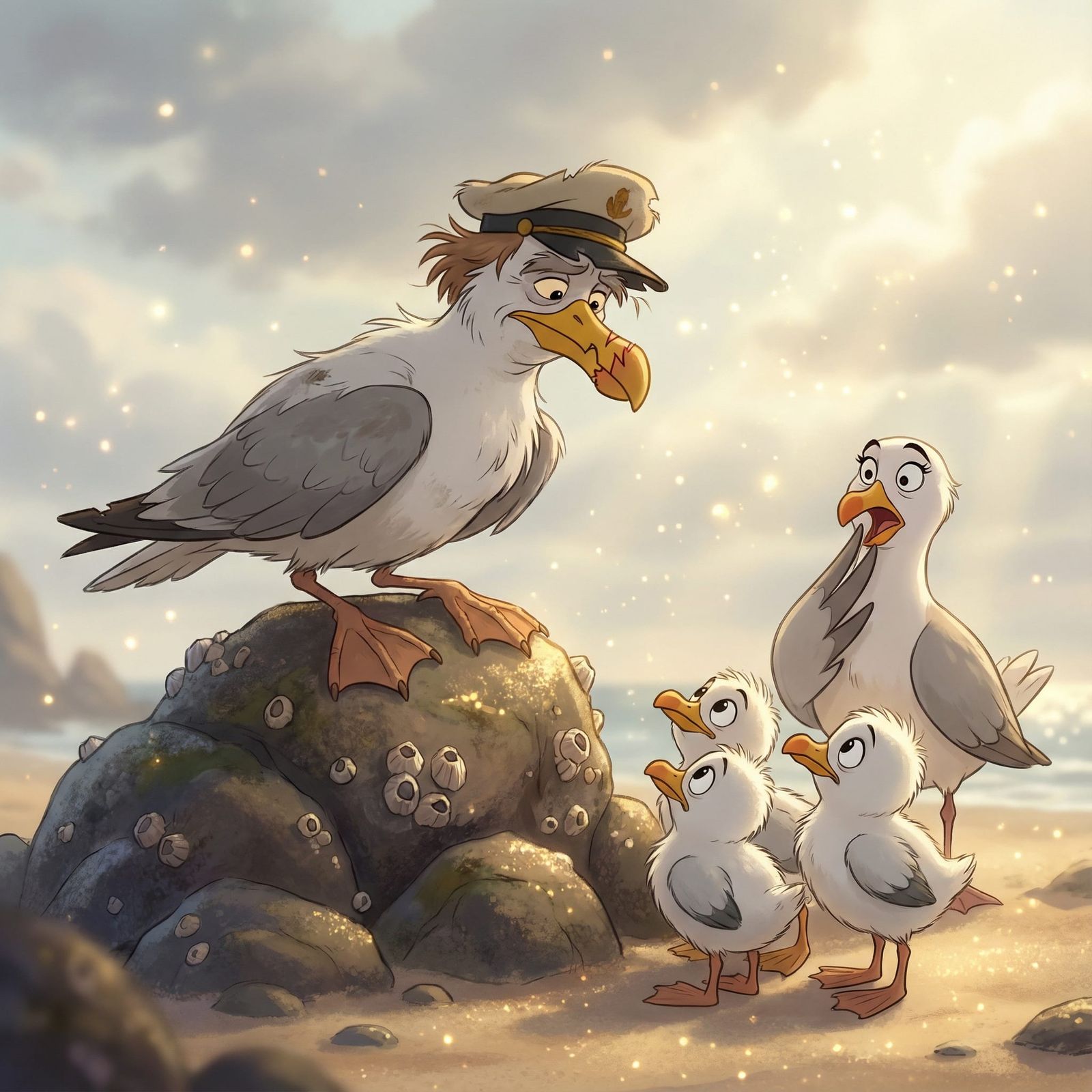 Grizzly Seagull Tells Tale to Eager Chicks