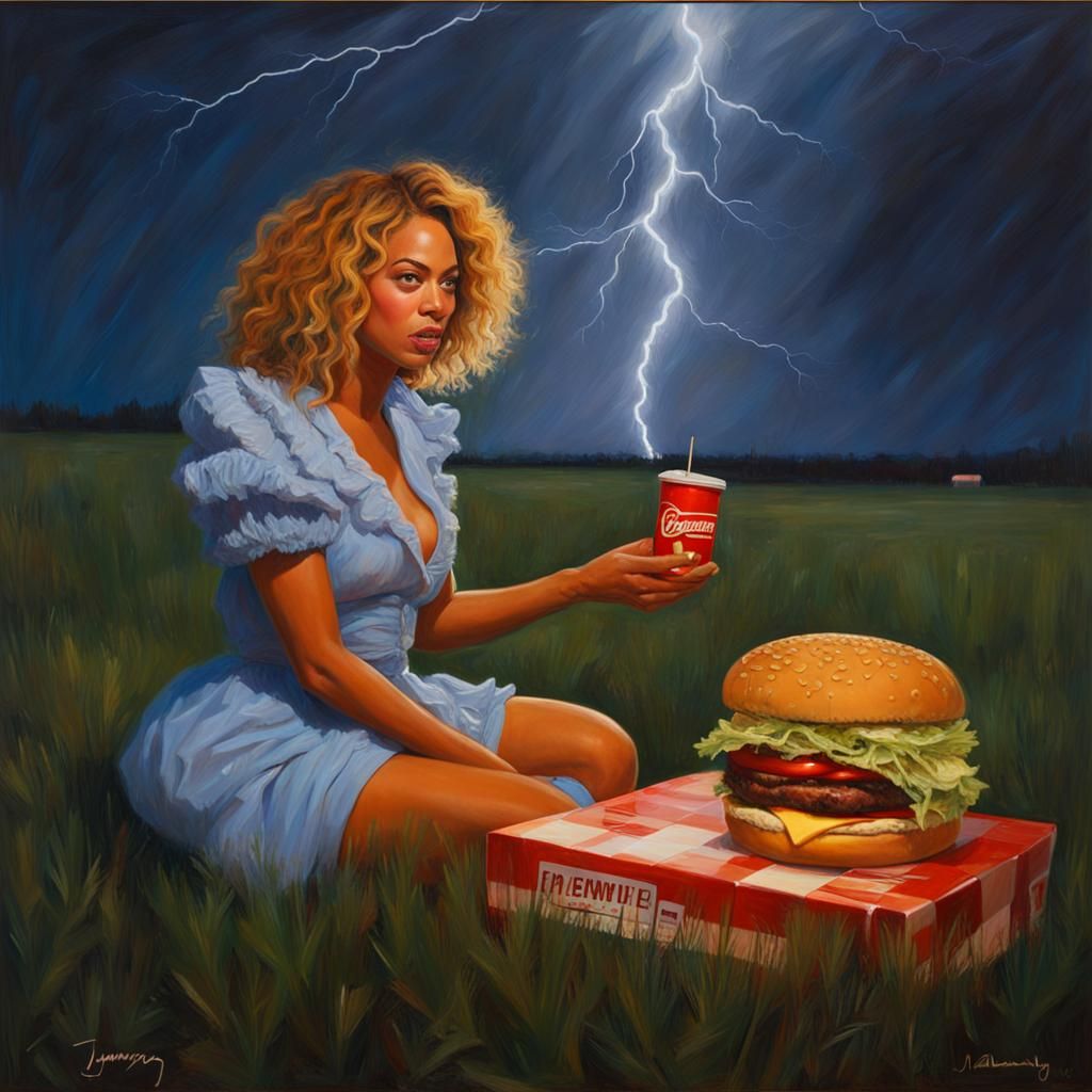 Beyonce and Ronald McDonald in Stormy Field, Oil Painting
