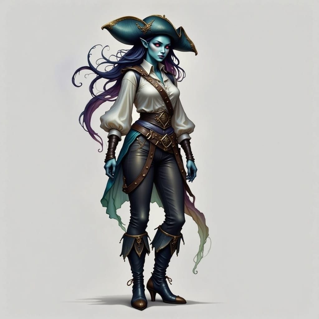 Ghostly Tiefling Pirate Swashbuckles in Mystic Realms