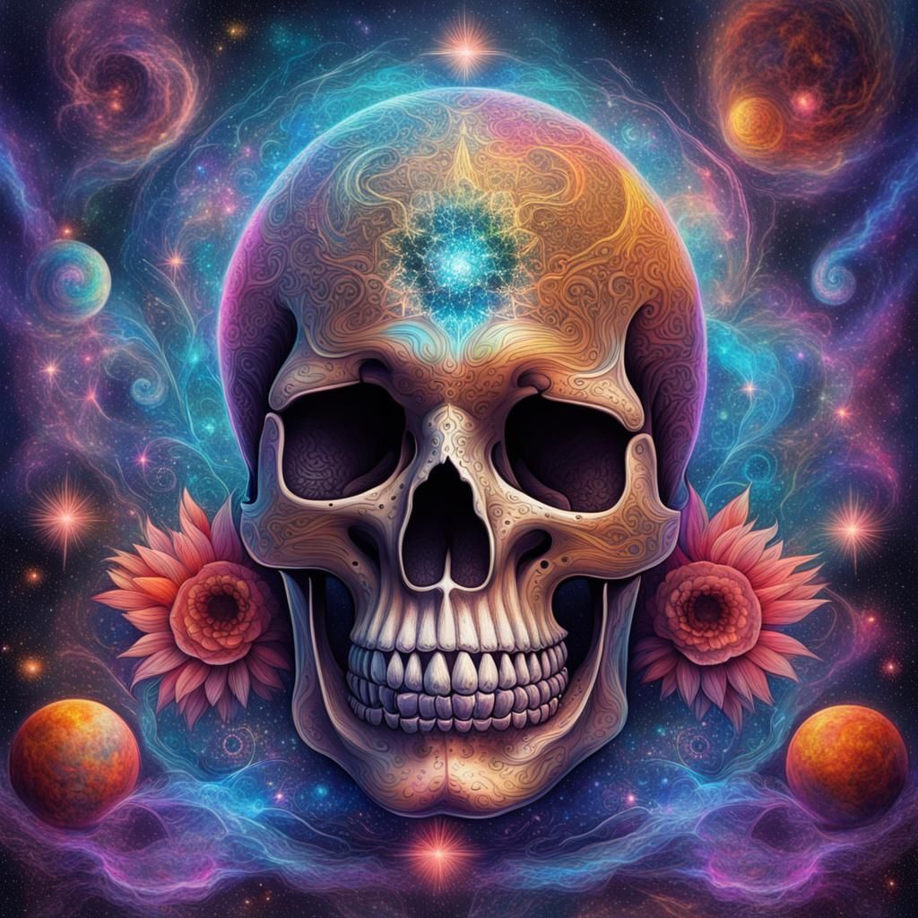 Holographic Cosmic Skull Art in Astral Style