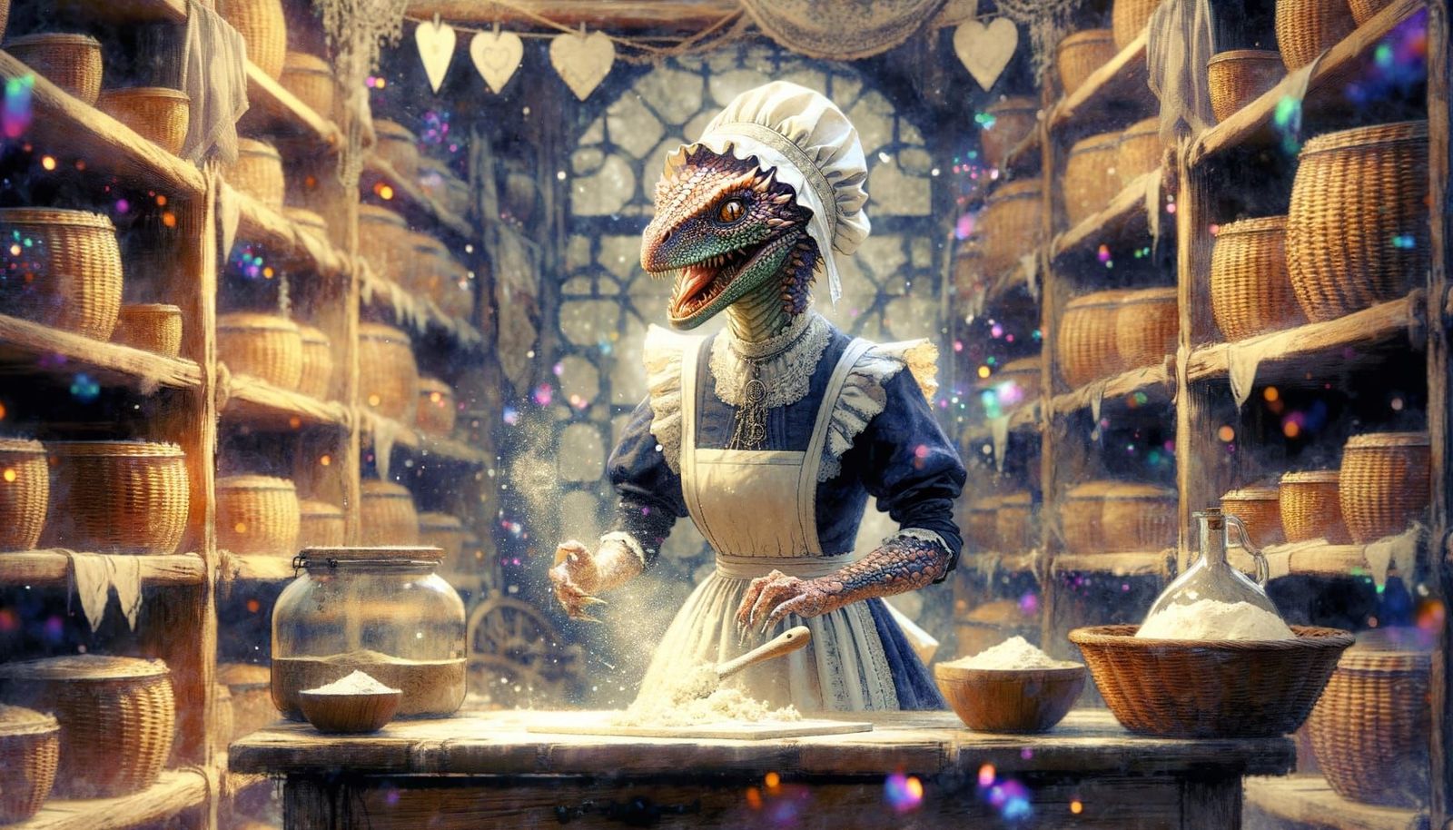 Whimsical Argonian Baker in Cozy Medieval Storage Room