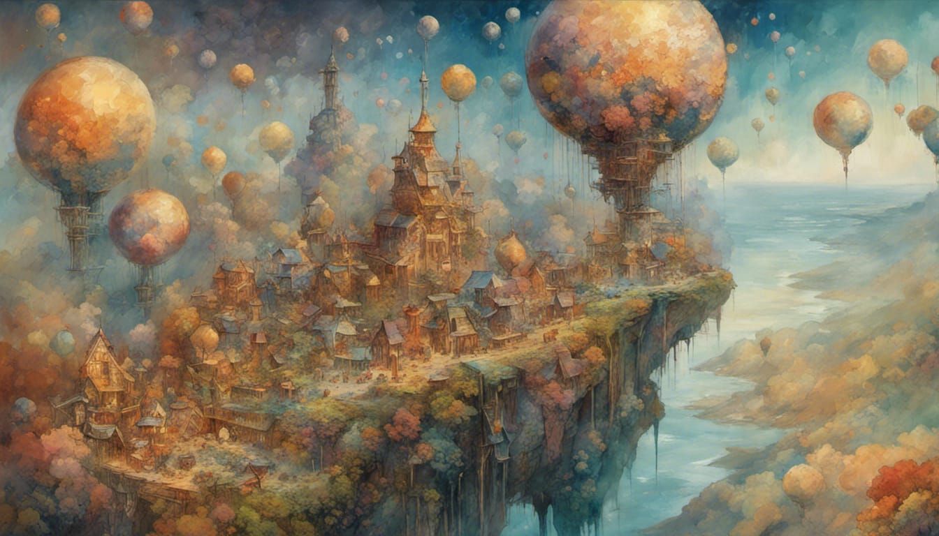Cliffside Village in Space: Pointillism Fantasy Artwork