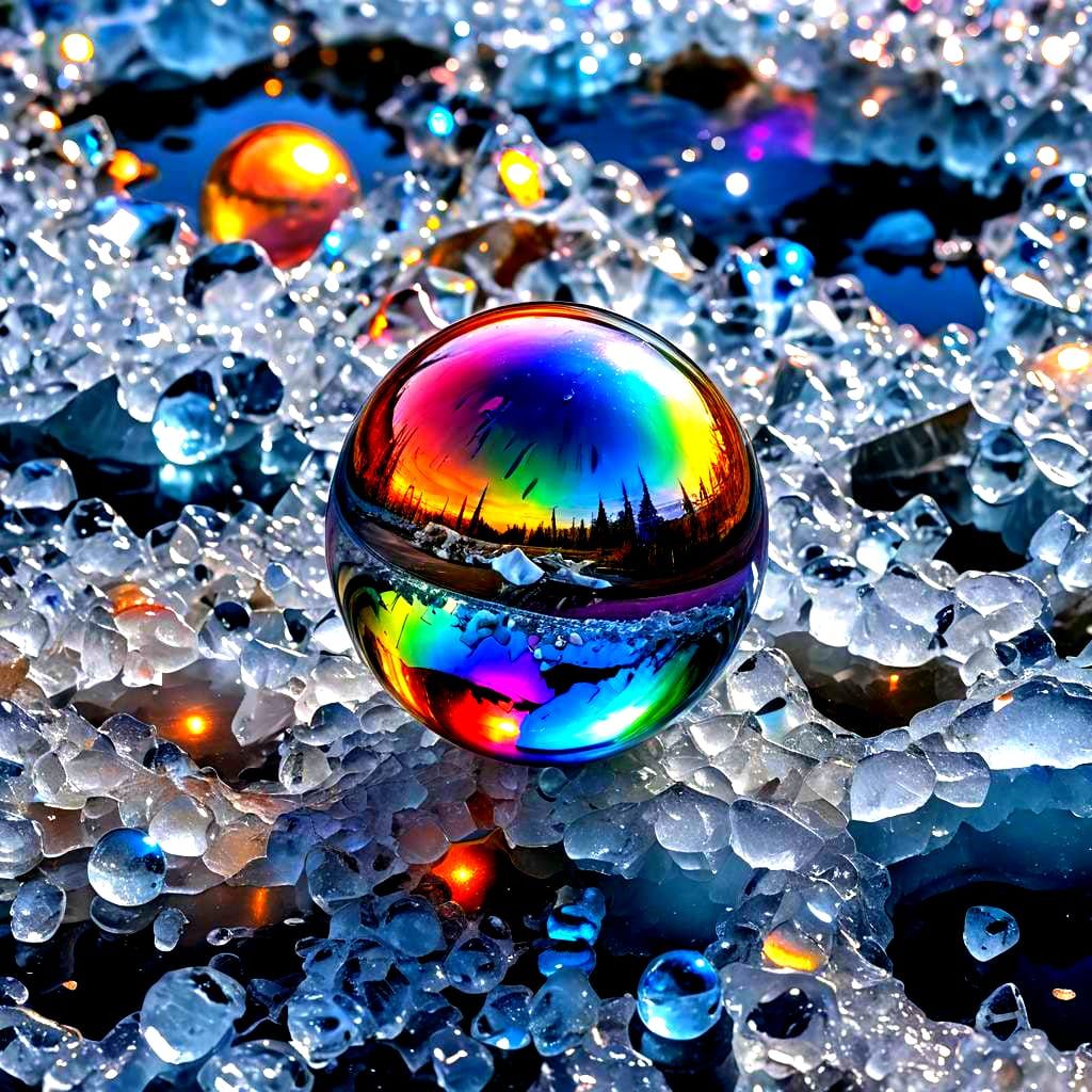 Rainbow Orb Reflects Ice Landscape: Detailed Close-Up