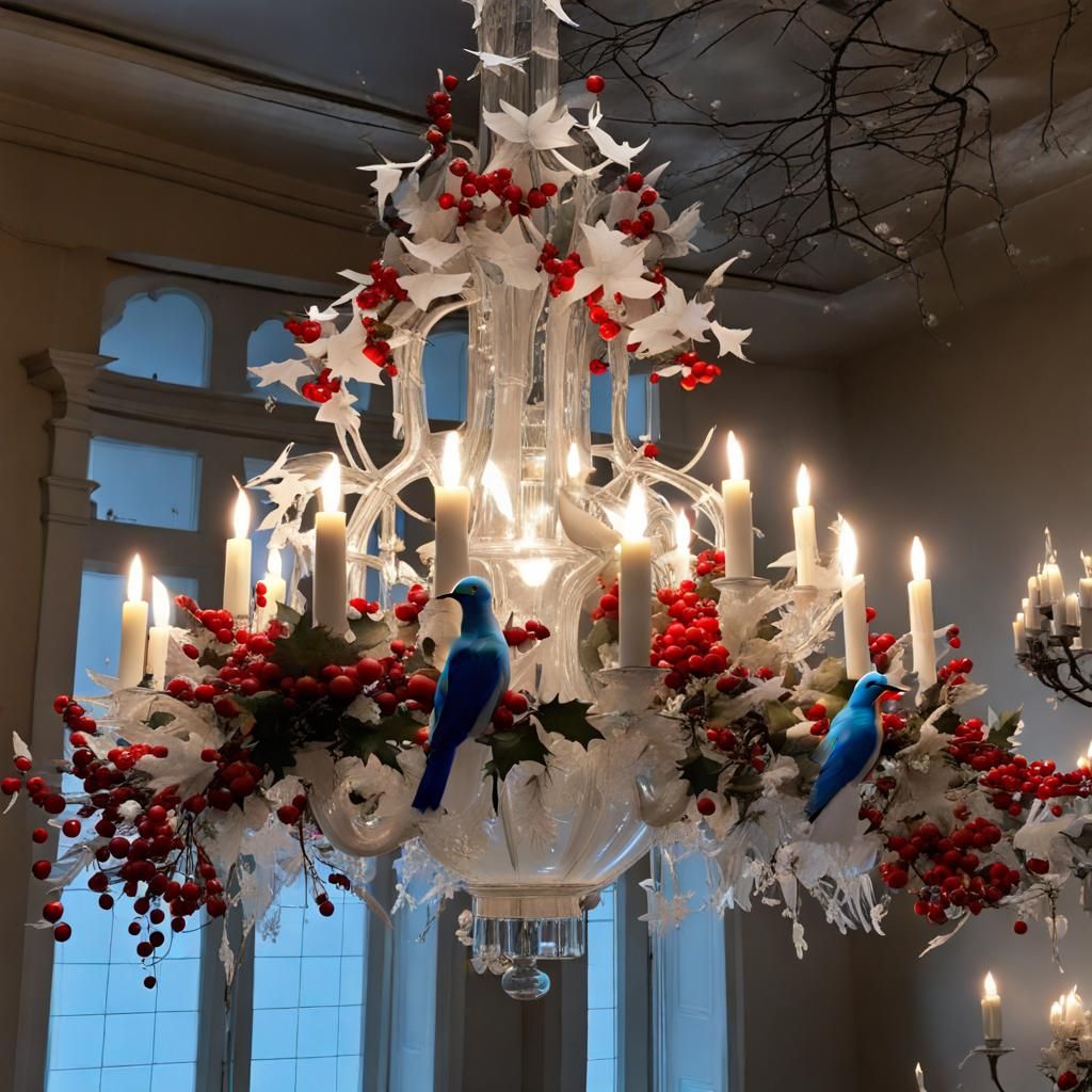 Beautiful glass chandelier with ceramic bluebirds of happiness and ceramic berries, leaves and flowers.
