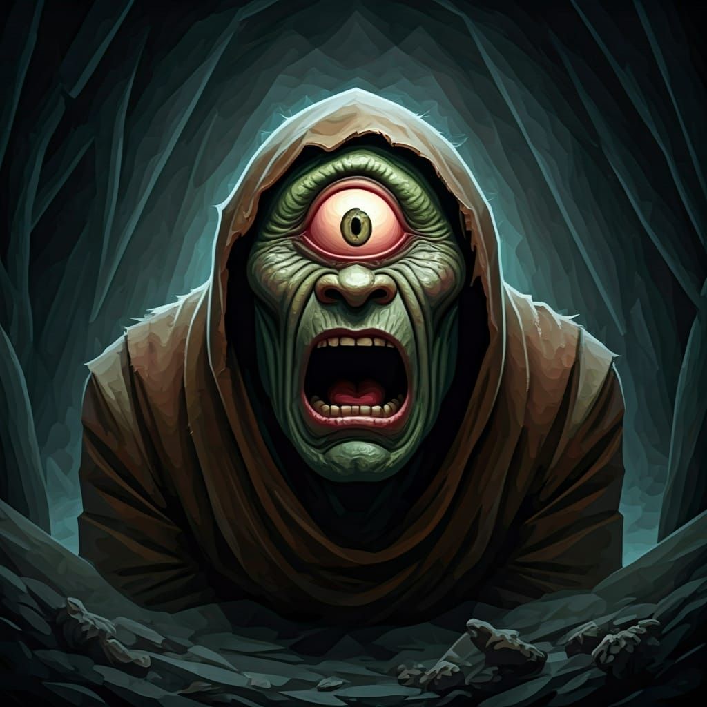 Grotesque One-Eyed Monster Screaming in Cubist Style