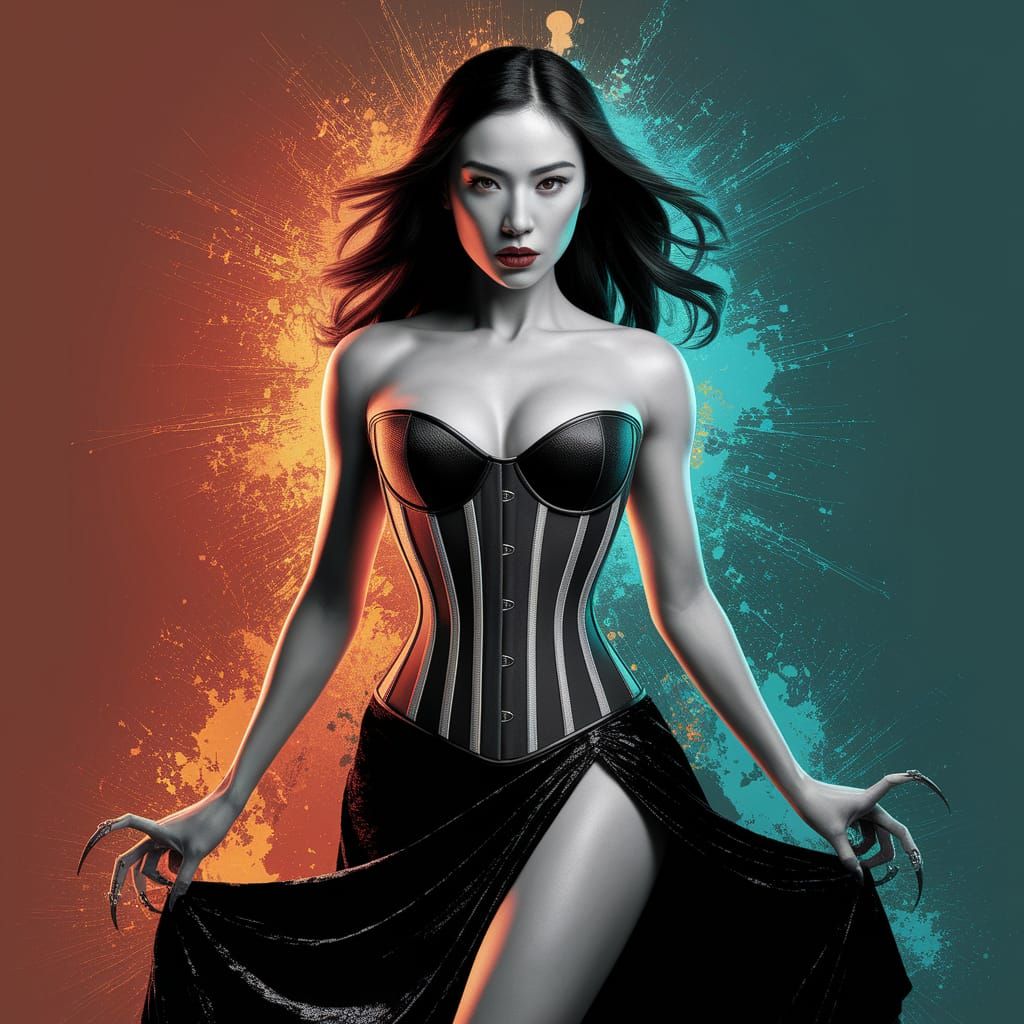 Sinister Asian Woman in Black Velvet Skirt