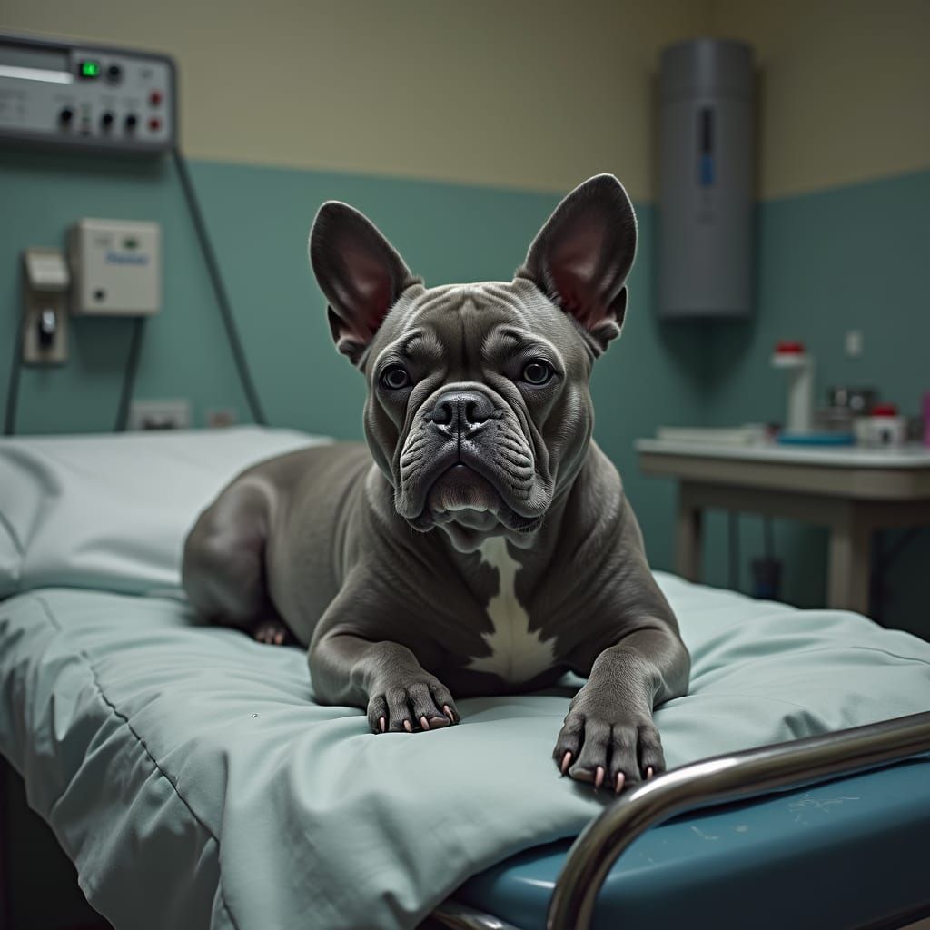 Distressed French Bulldog in Hospital, Somber Realism