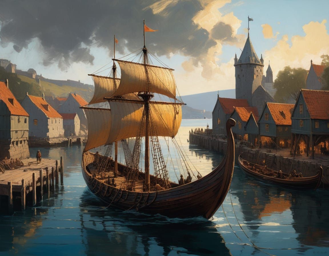 Viking Longship Sails Through Medieval Port