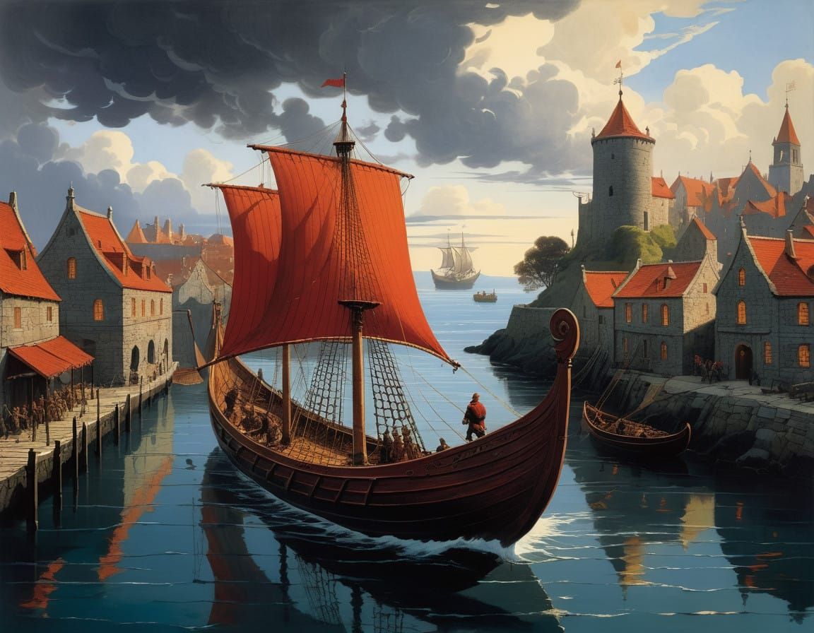 Viking Longship Sails Towards Medieval Port in Dramatic Suns...