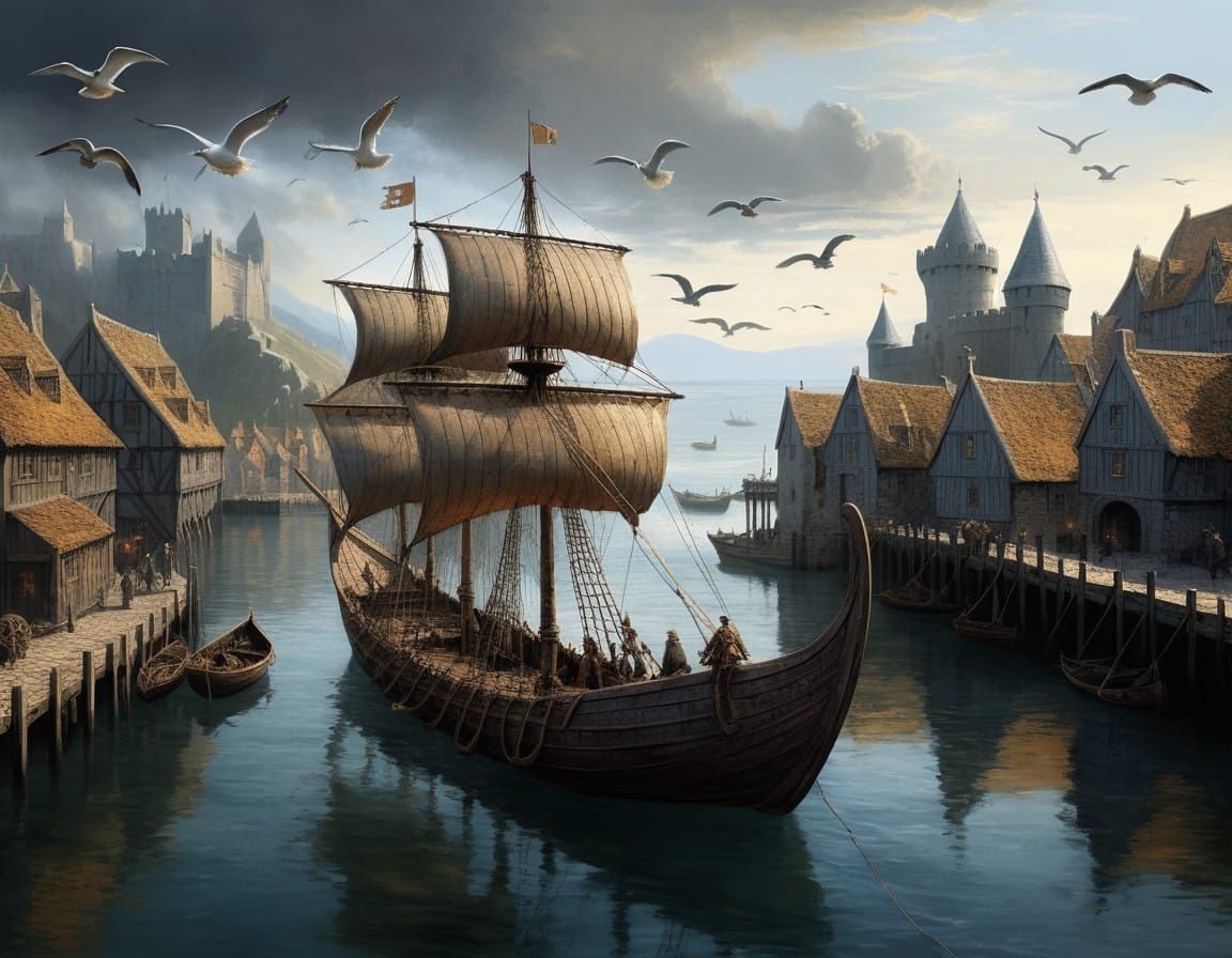 Majestic Viking Longship Sails into Medieval Port