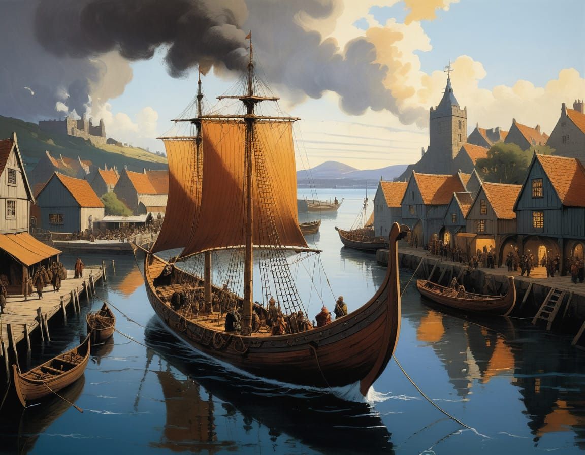 Viking Longship Enters Medieval Port in Golden Light